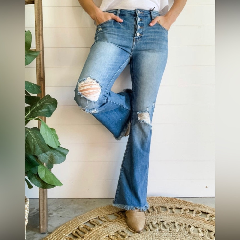 RISEN button fly,raw hem, flare jeans, plus